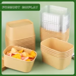 使い捨て紙ボウル 食品容器 ファーストフードテイクアウトボウル 蓋付き包装 使い捨て長方形紙ボウル - 画像 (4)